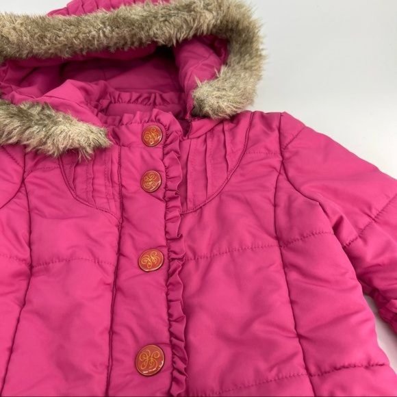 Juicy Couture Ruffle Bell Sleeve Puffer Jacket w/ Fur Hood - Pink | Girls 12M - Picture 2 of 9